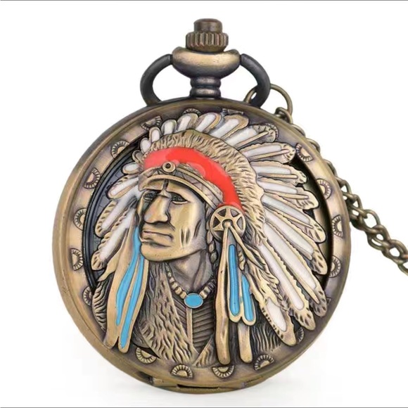 Pocket Watch Native American Traditional Headdress Hinged Flip Open Chain Pouch - Picture 12 of 12